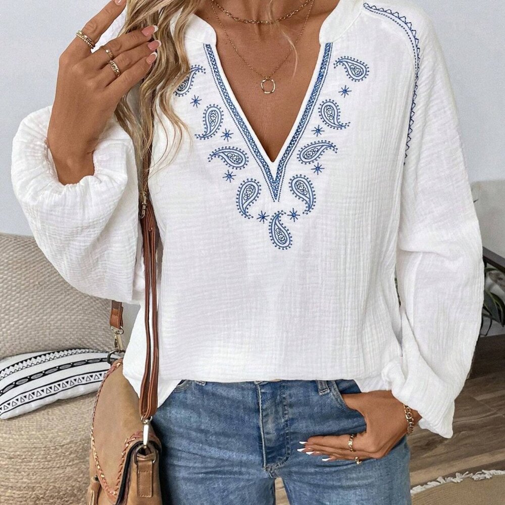 Paisley Pattern Notched Long Sleeve Blouse - Picture 5 of 6